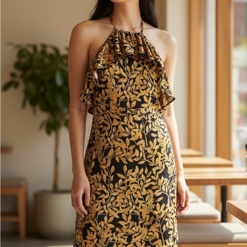 Missguided Orange Floral Leaves Print Halter Midi Dress 8
